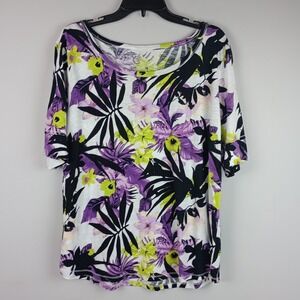 Cato Womens XL Purple Floral Tropical Short Sleeve Scoop Neck Casual Knit Top